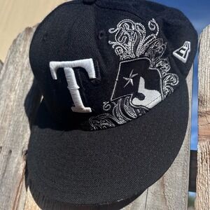New Era Texas Rangers Hat Mens OSFA Black White Good Scrollwork Embroidery MLB
